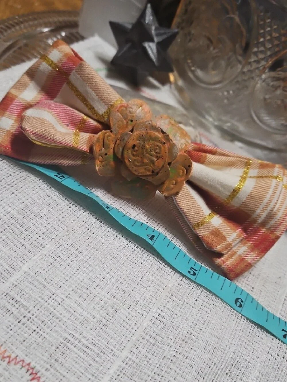 Handcrafted Plaid Dog Collar Bow Tie Peach Leather Floral Accent NEW